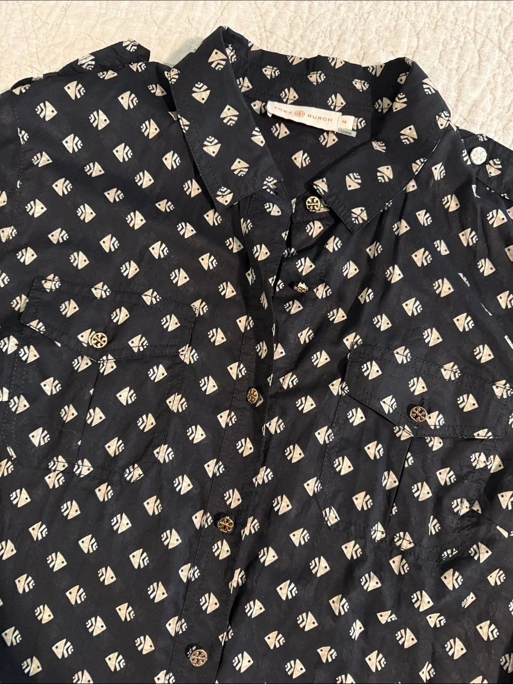 Tory Burch Lightweight Black Button-Down Blouse with Cream Geometric Fish Print